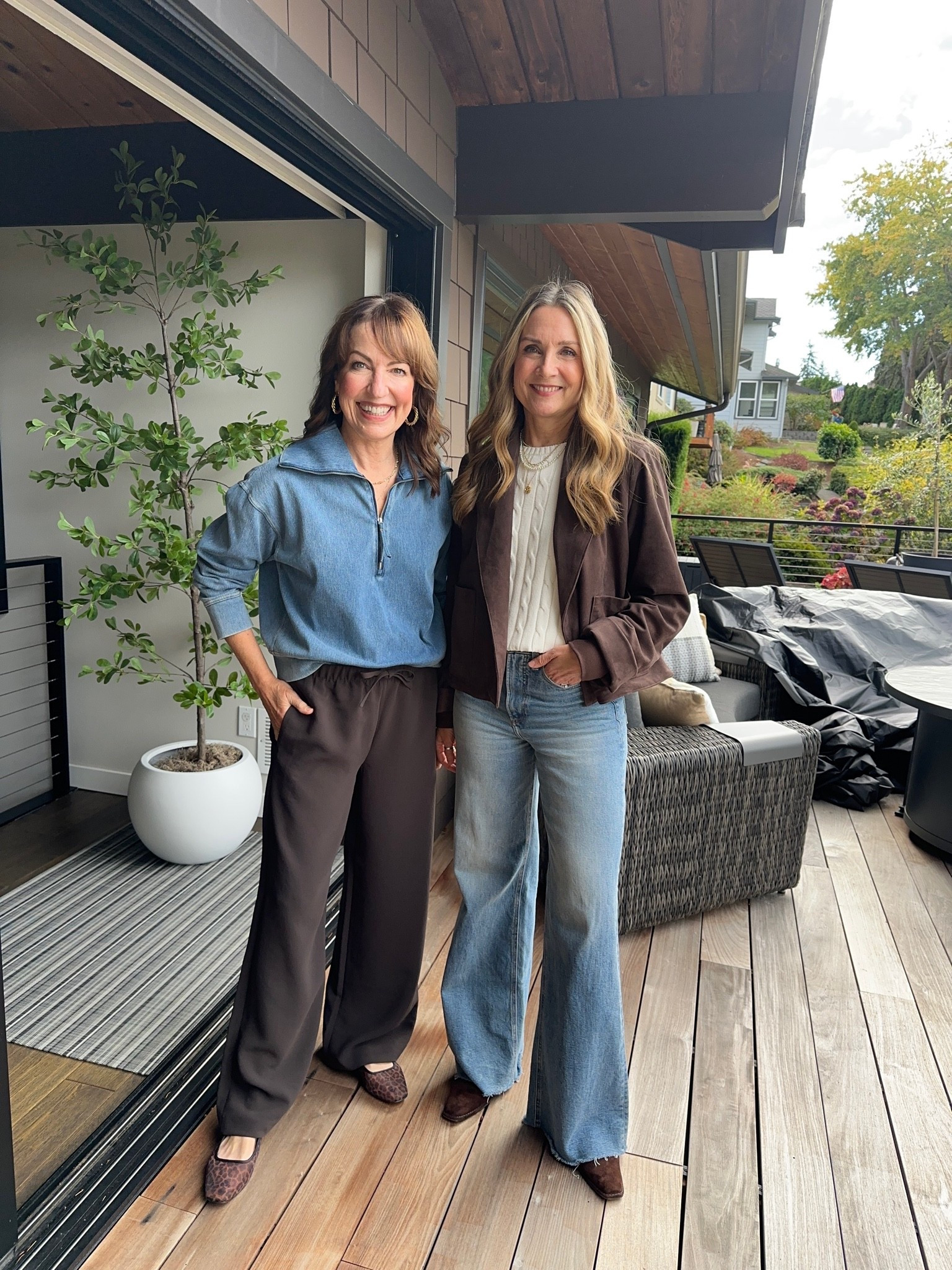 Office outfit of the day: @Spanx denim half zip with @Aritzia lodge pants. @Quince cable knit sweater with @Splendid faux suede jacket and @Pistola Denim jeans and @stevemadden-us brown suede boots.