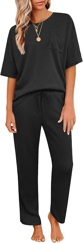 JiniGolla Womens Pajama Sets Waffle Knit Short Sleeve Shirt with Long Pajama Pants Soft Sleepwear... | Amazon (US)