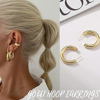 Gold Hoop Earrings Set for Women, 6 Pairs 14K Gold Plated Lightweight Hypoallergenic Chunky Open ... | Amazon (US)