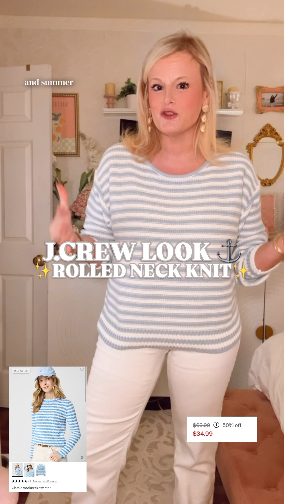 The J.Crew Look Rolled Neck Knit. Gap Factory. 50% Off. ⚓️

The soft blue stripe. The rollneck. The dropped shoulder. The balloon sleeve with the ribbed cuff. This is the coastal knit that lives in your wardrobe for years and never once feels like it has overstayed its welcome.

100% cotton. Soft, substantial, and the kind of quality that does not feel like a sale price even when it absolutely is.

Four colors. Currently 50% off. I am in a large and recommend sizing up for that relaxed coastal fit — it hits at the hip and the oversized proportion is exactly right.

White jeans. Wide leg trousers. A denim skirt. Straight leg khakis. She works with everything and she works every single time.

J.Crew look for less, J.Crew dupe, J.Crew stripe sweater dupe, stripe sweater women, striped knit sweater, rollneck sweater women, mockneck sweater women, cotton sweater women, coastal grandmother outfit, coastal grandmother style, grandmillennial style, grandmillennial outfit, grandmillennial sweater, coastal style women, nautical outfit women, nautical sweater women, preppy sweater women, preppy outfit women, preppy style, classic style women, elevated basics women, spring sweater women, lightweight sweater women, blue stripe sweater, light blue sweater women, Gap Factory finds, affordable preppy style, designer look for less, spring outfit women, spring outfits, casual chic outfit women, country club outfit, travel outfit women, classic preppy sweater, affordable sweater women, knit sweater women 

#LTKFindsUnder50 #PreppyStyle #CoastalGrandmother #JCrewStyle #GrandmillennialStyle #StripeSweater #JCrewDupe #LookForLess

#LTKWorkwear #LTKSaleAlert #LTKSeasonal