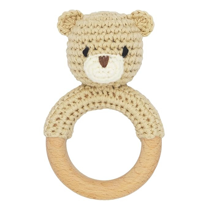 Joliecraft Safari Animals Wooden Baby Rattle Toys Stuffed Crochet Rattle with Teether Ring for Ne... | Amazon (US)