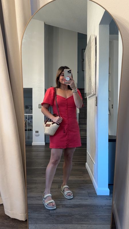 The cutest little red dress!
It runs tts, I’m wearing size xs. 
My sandals are so cute and comfy! Can’t recommend them enough! They run tts. 
Vince Camuto, Abercrombie, Abercrombie style, Abercrombie dress, linen dress, summer style

#LTKFindsUnder100 #LTKSeasonal #LTKShoeCrush