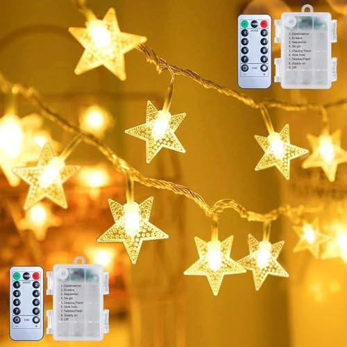 Brightown Star String Lights - 2 Pack Total 33ft 100 LED Star Fairy Lights Battery Operated with Remote for Indoor Outdoor, Twinkle Fairy Christmas Light for Bedroom Wedding Party Decor, Warm White | Amazon (US)