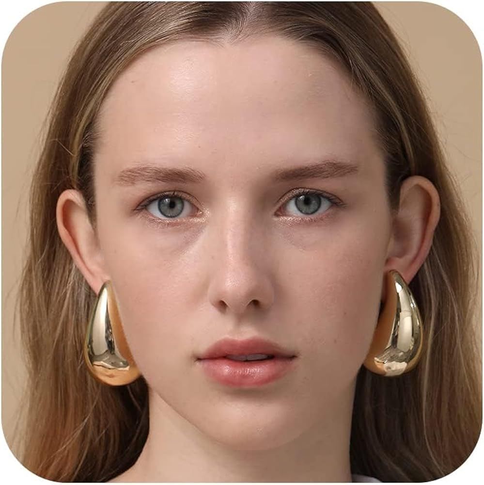 Chunky Gold Hoop Earrings for Women Lightweight 18K Gold Plated Hypoallergenic Waterdrop Hollow s... | Amazon (US)