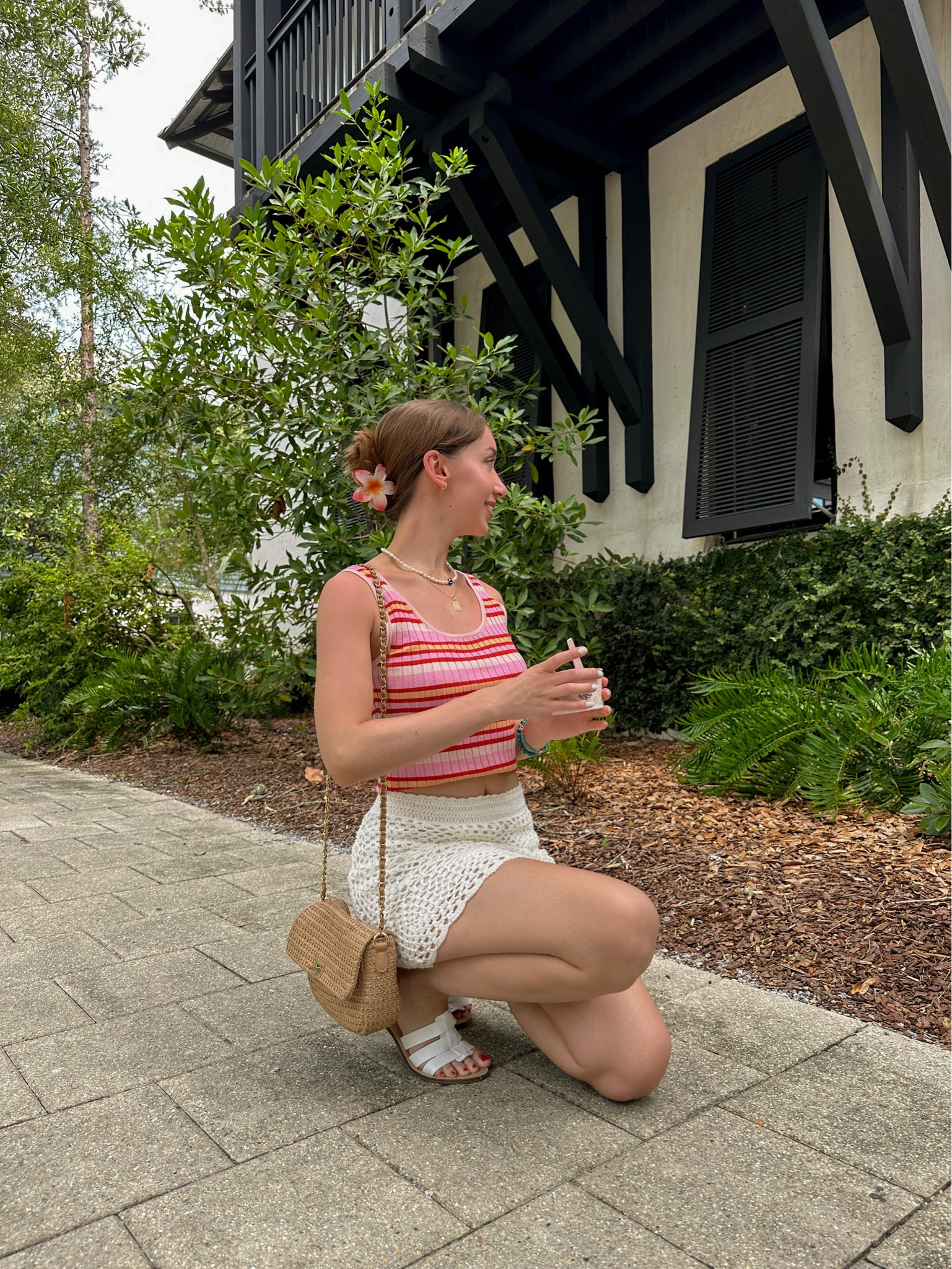 coastal vibes 🌺🐚☀️
pink striped tank top: 525 america via revolve (linked similar)
crochet skirt: glassons (linked similar)
bag + shoes: justfab
flower claw clip: amazon
pinterest outfit, summer vacation ootd, beach fashion, coastal style ideas 

#LTKSeasonal #LTKunder50 #LTKtravel