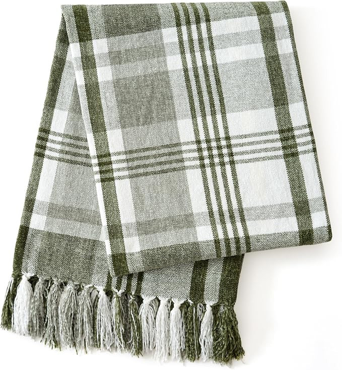 Carriediosa Chenille Throw Blanket with Knotted Tassels 50x60, Green Plaid | Amazon (US)