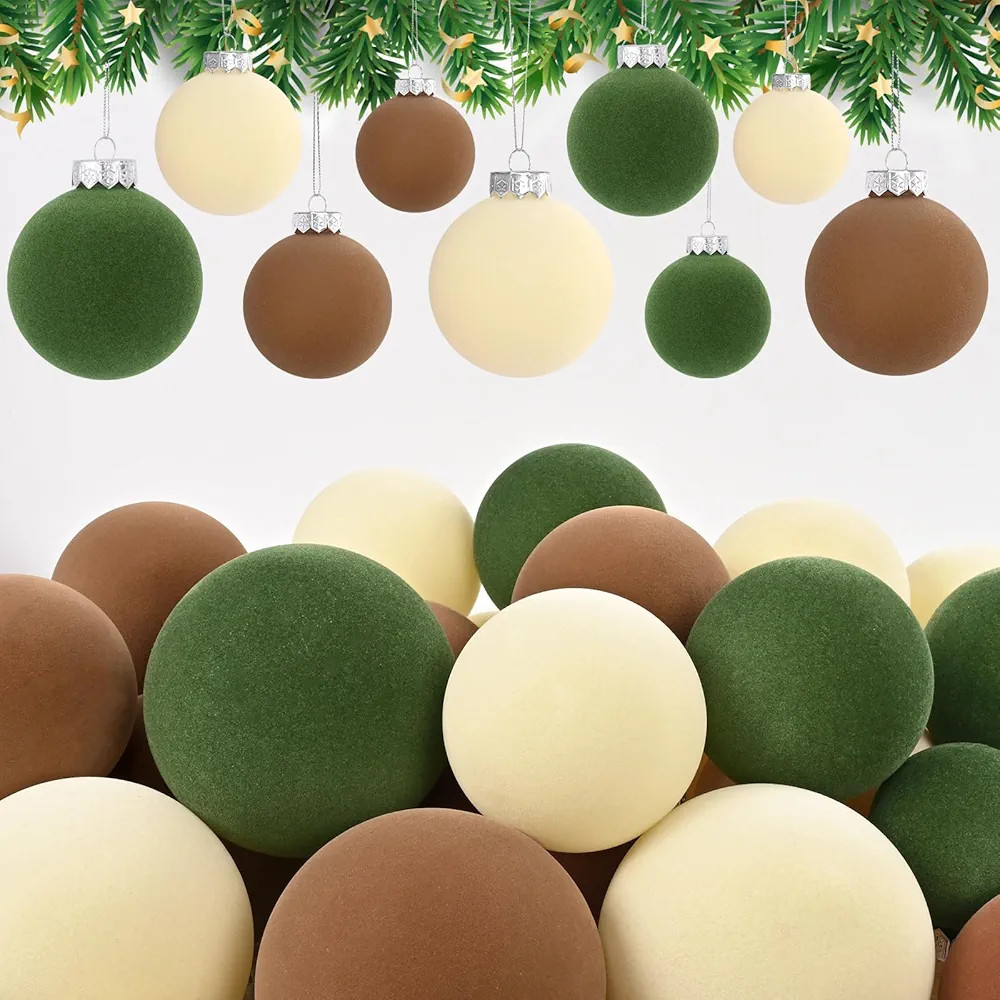 Waipfaru Christmas Tree Decorations, Velvet Christmas Ornaments Balls Set, Brown Green Neutral Fa... | Amazon (US)