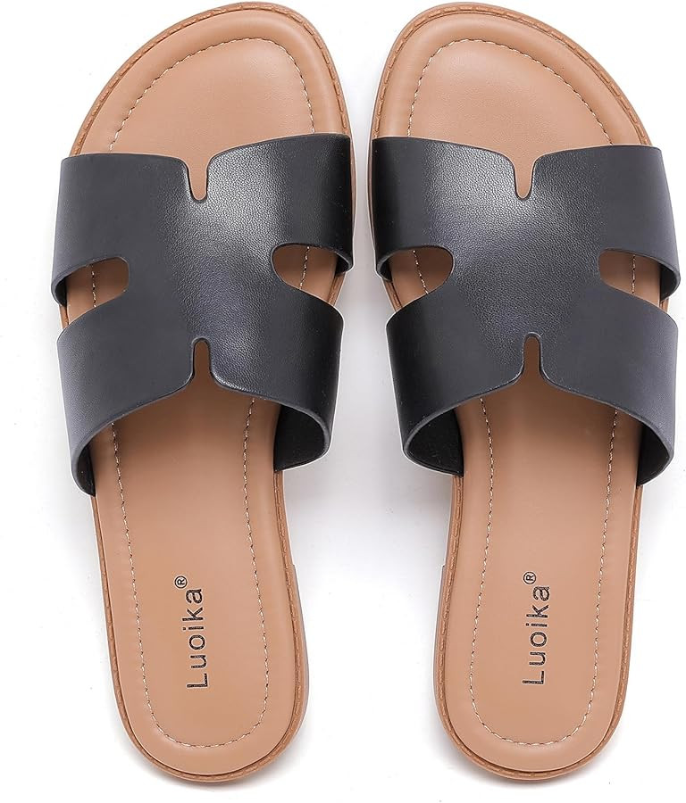 Luoika Women's Wide Width Flat Slides Sandals, Casual Comfortable Summer Beach Shoes Slip on Slid... | Amazon (US)