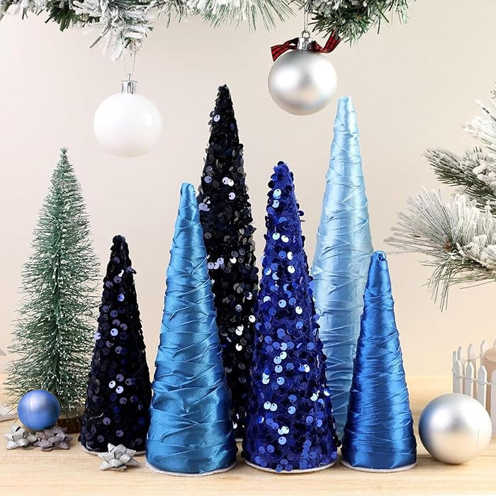 6 Pcs Christmas Blue Mini Cone Trees Glitter Tree Table Decoration Christmas Blue Ornaments Table... | Amazon (US)