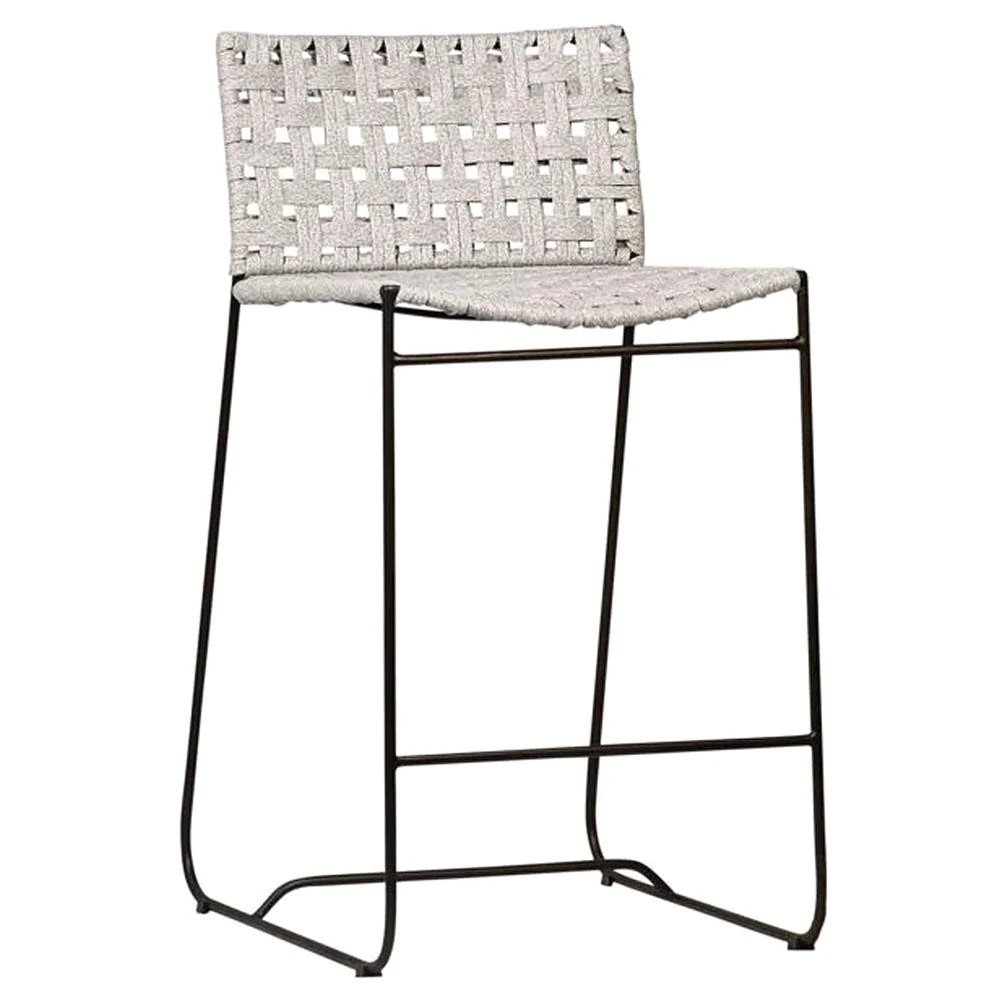 Wally Coastal Beach Grey Woven Rope Seat Black Iron Frame Outdoor Counter Stool | Kathy Kuo Home