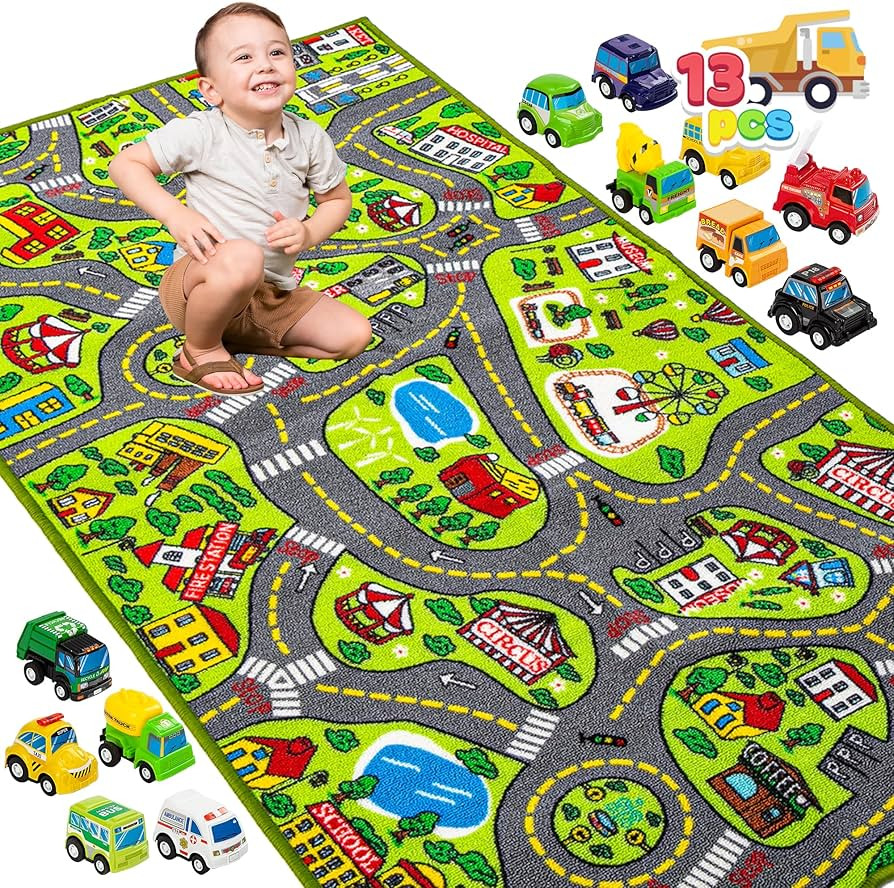 JOYIN Kids Play Rugs - 12 Pull-Back Vehicle Set - Durable Carpet Playmat Rug - City Pretend Play ... | Amazon (US)