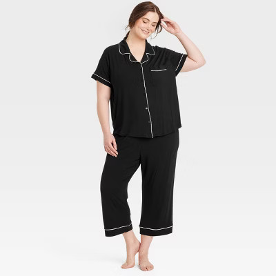 Women's Cloud Knit Short Sleeve Notch Collar Top and Cropped Pants Pajama Set - Auden™ Black L:... | Target