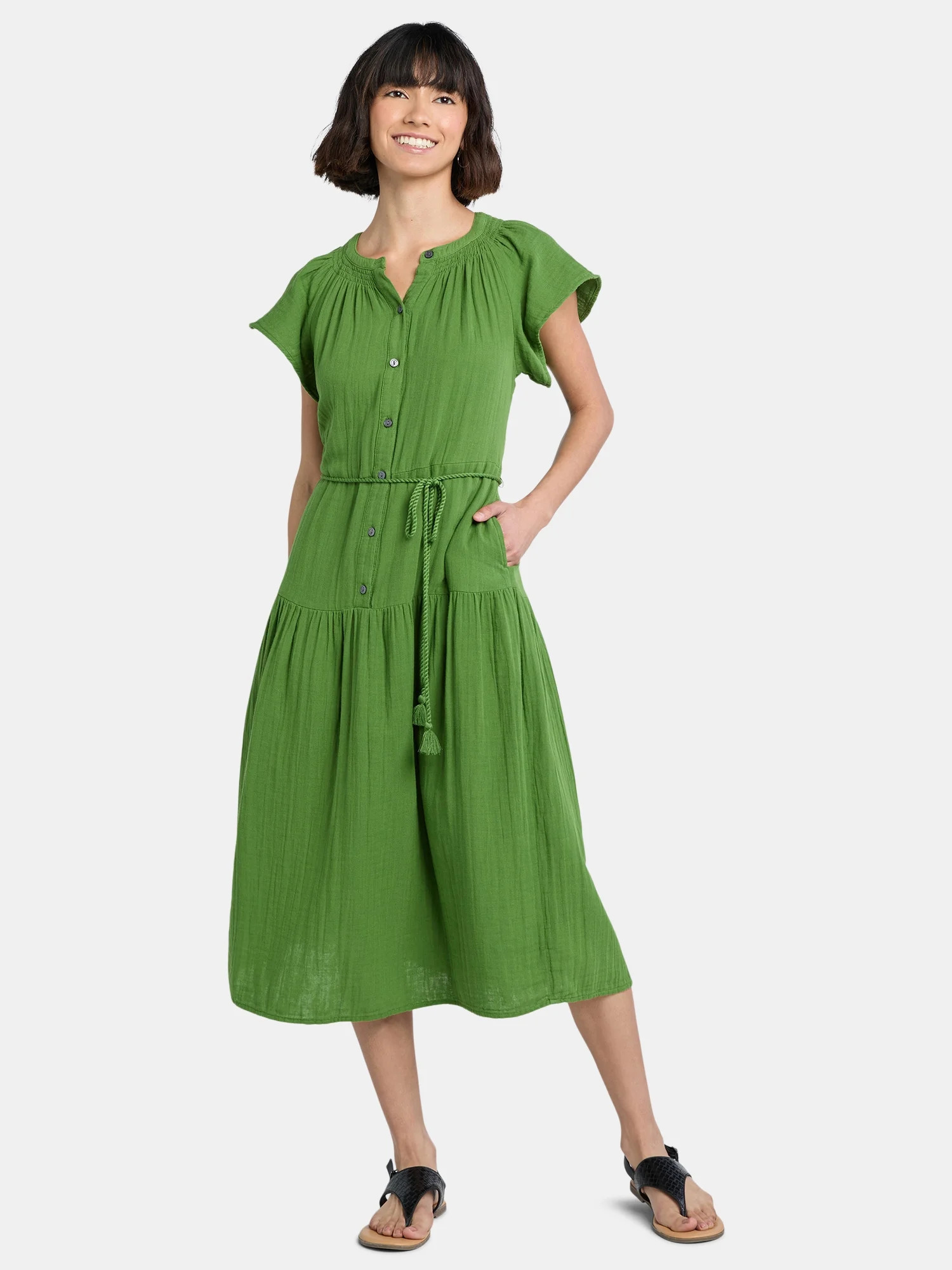 Time and Tru Women's Double Cloth Cotton Midi Dress, Sizes XS-XXXL | Walmart (US)