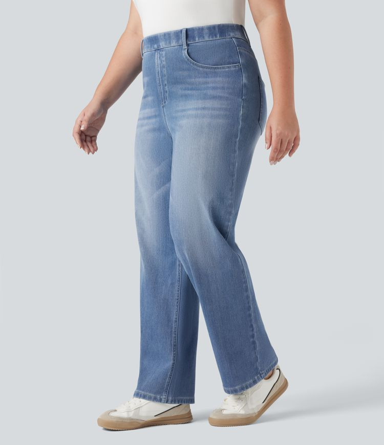 Women’s Plus Size Halara Flex™ High Waisted Tummy Control Straight Leg Washed Casual Jeans wi... | HALARA