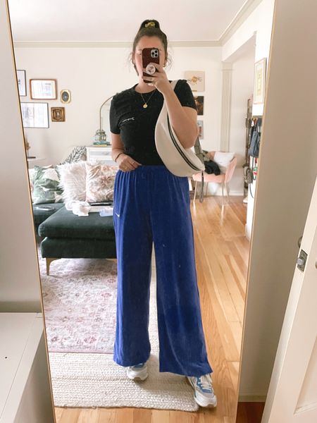 ASOS Nike velour wide leg pants in blue or black, high waisted pants, crushed velour, corduroy pants, comfy clothes, casual, activewear, workout, on sale now, sweatpants, spring / summer, budget friendly, affordable, under $100, Proenza Schouler White Label logo-print belt bag, designer handbag, Fanny pack, shoulder bag, crossbody, rayban sunglasses, just purchased, new arrival, gold jewelry from Amazon, rings, earrings, Gucci ultrapace sneakers, comfy shoes, girlfriend collective sports bra, Jacquemus Le Jacquemus T-Shirt, black top, shopbop, embroidered tee

#LTKunder50 #LTKstyletip #LTKunder100