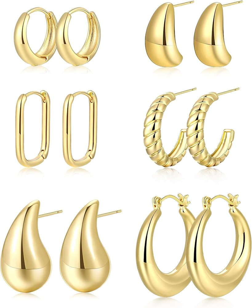 6 Pairs Gold Chunky Hoop Earrings for Women, 14K Gold Plated Croissant Open Hoop, Lightweight Tea... | Amazon (CA)