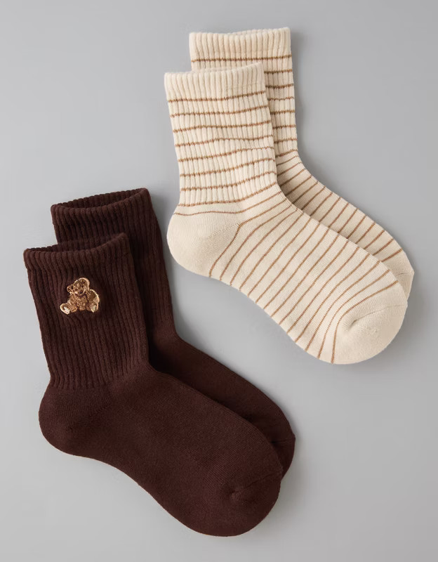 AE Teddy Bear Cropped Crew Socks 2-Pack | American Eagle Outfitters (US & CA)