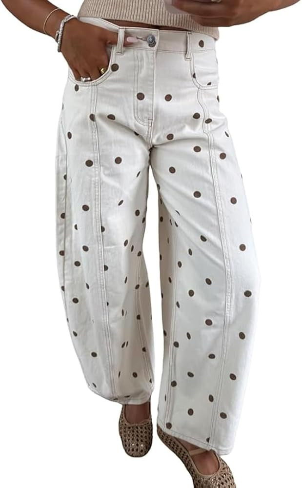 Women's Barrel Jeans Polka Dot Print Mid Waist Wide Leg Baggy Denim Ankle Pants Boyfriend Jeans | Amazon (US)