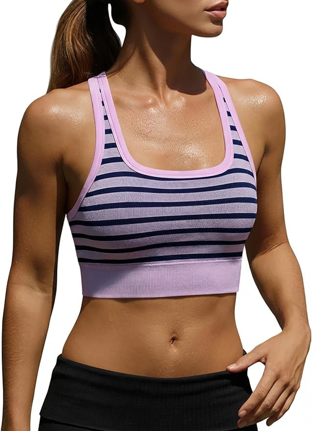 Aoysky Womens Racerback Ribbed Sports Bras Seamless Low Impact Scoop Neck Yoga Striped Cami Longl... | Amazon (US)