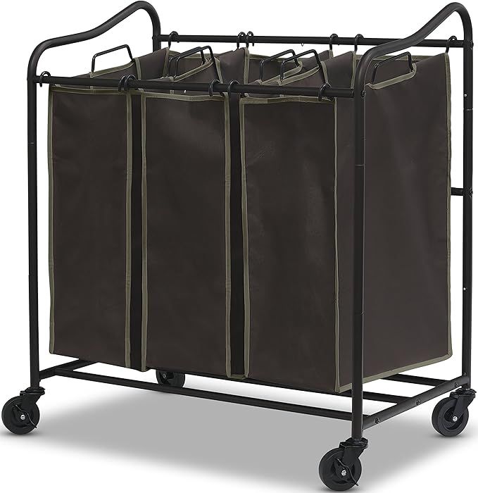 Simple Houseware Heavy Duty 3-Bag Laundry Sorter Rolling Cart, Brown | Amazon (US)