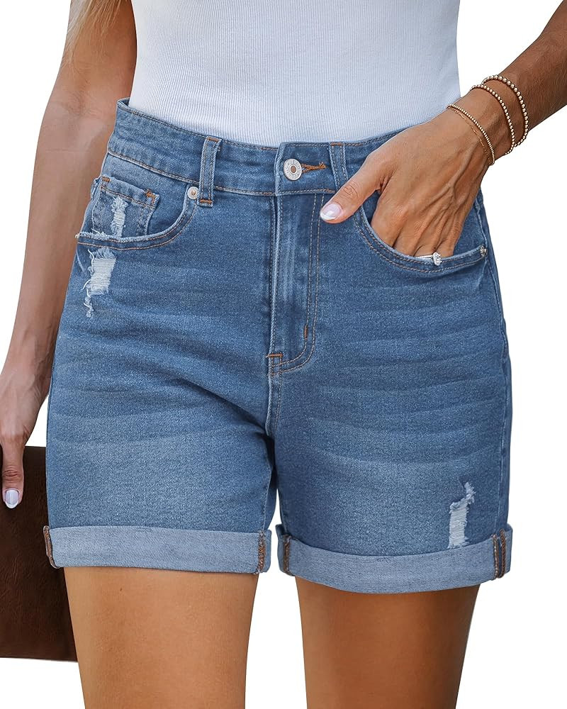 LookbookStore Jean Shorts Womens Stretchy High Waisted Ripped Denim Shorts with Pockets Trendy Di... | Amazon (US)