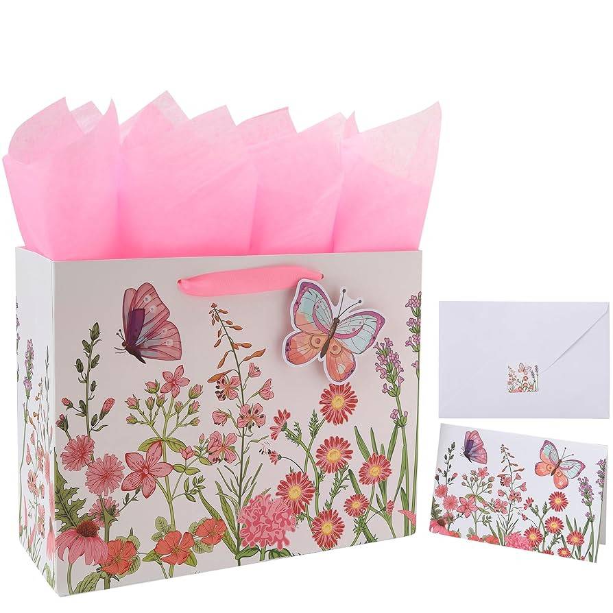 13" Large Pink Gift Bag Set with Greeting Card and Tissue Papers (3D Butterfly and Flowers) for W... | Amazon (US)