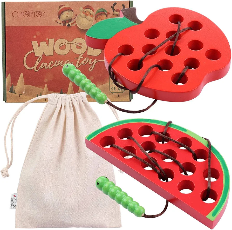 KLT Lacing Toy for Toddlers, Wooden Threading Toys, 1 Apple and 1 Watermelon with Bag, Educationa... | Amazon (US)