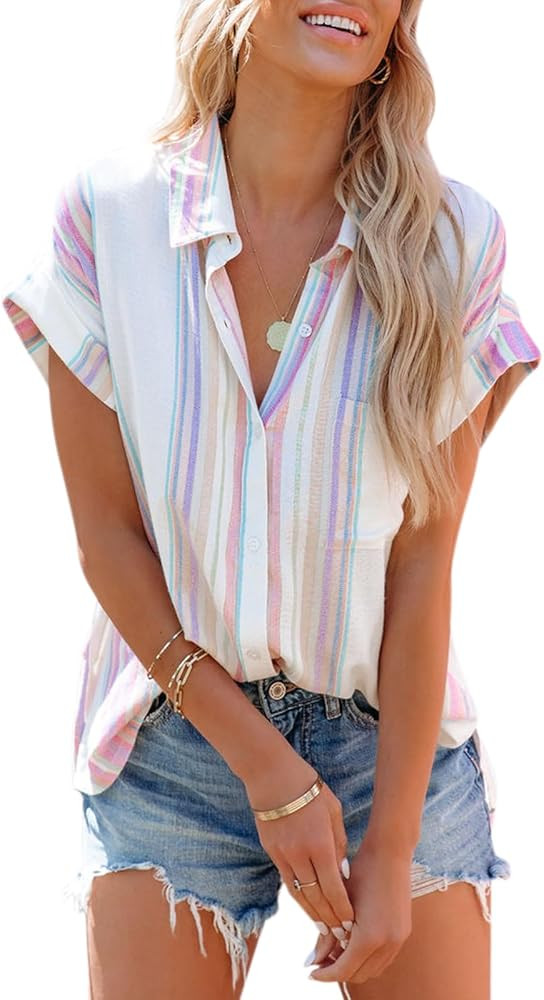 Womens Button Down Shirts Short Sleeve Summer Linen V Neck Collared Stripes Casual Blouses Tops w... | Amazon (US)