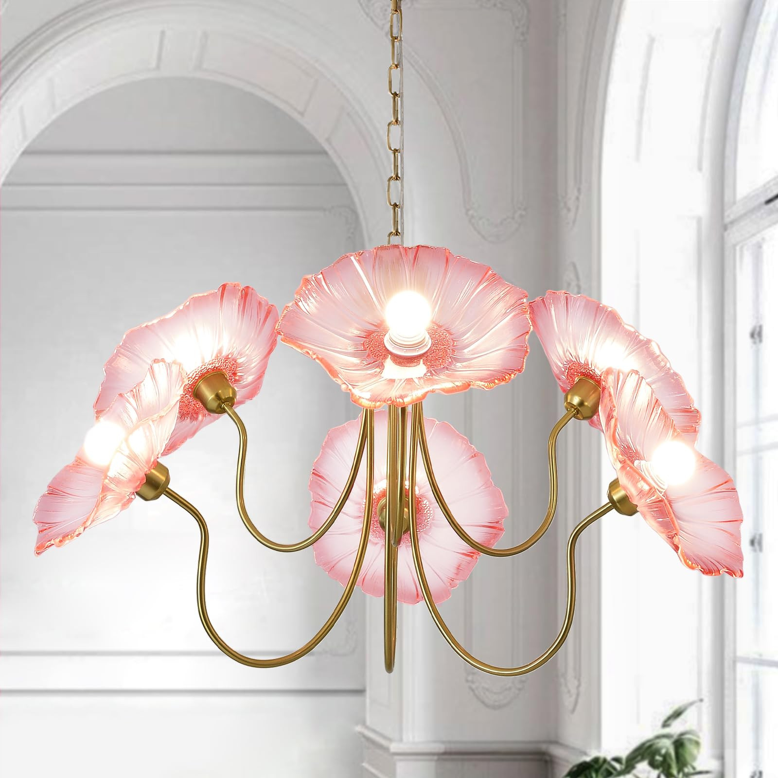 33.4" Modern Floral Glass Chandelier, 6-Light Extra Large Ceiling Light Fixture with Red Flower S... | Amazon (US)