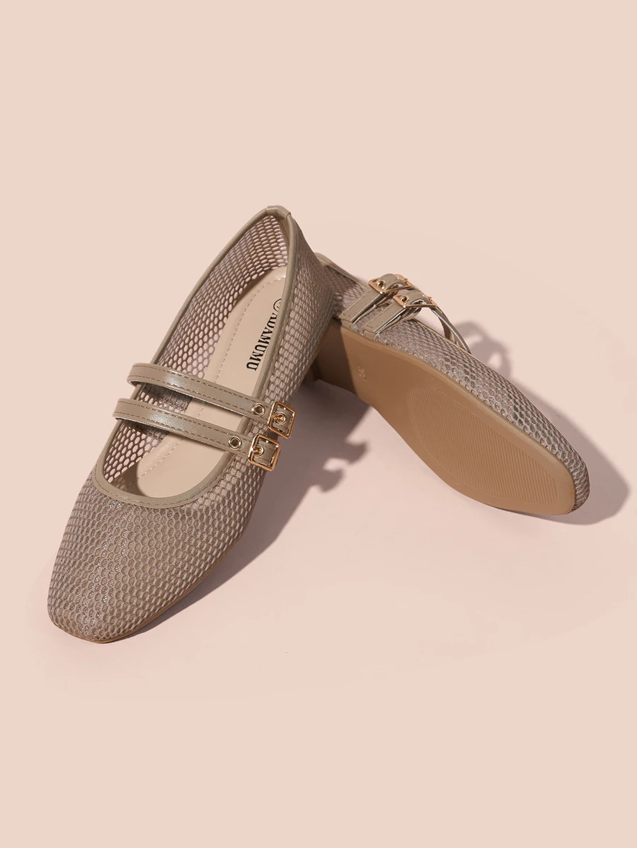 Hatastic ADAMUMU Women's Fishnet Hollow-Out Ballet Flats, Lightweight Mesh, Two Elegant Buckles, ... | SHEIN