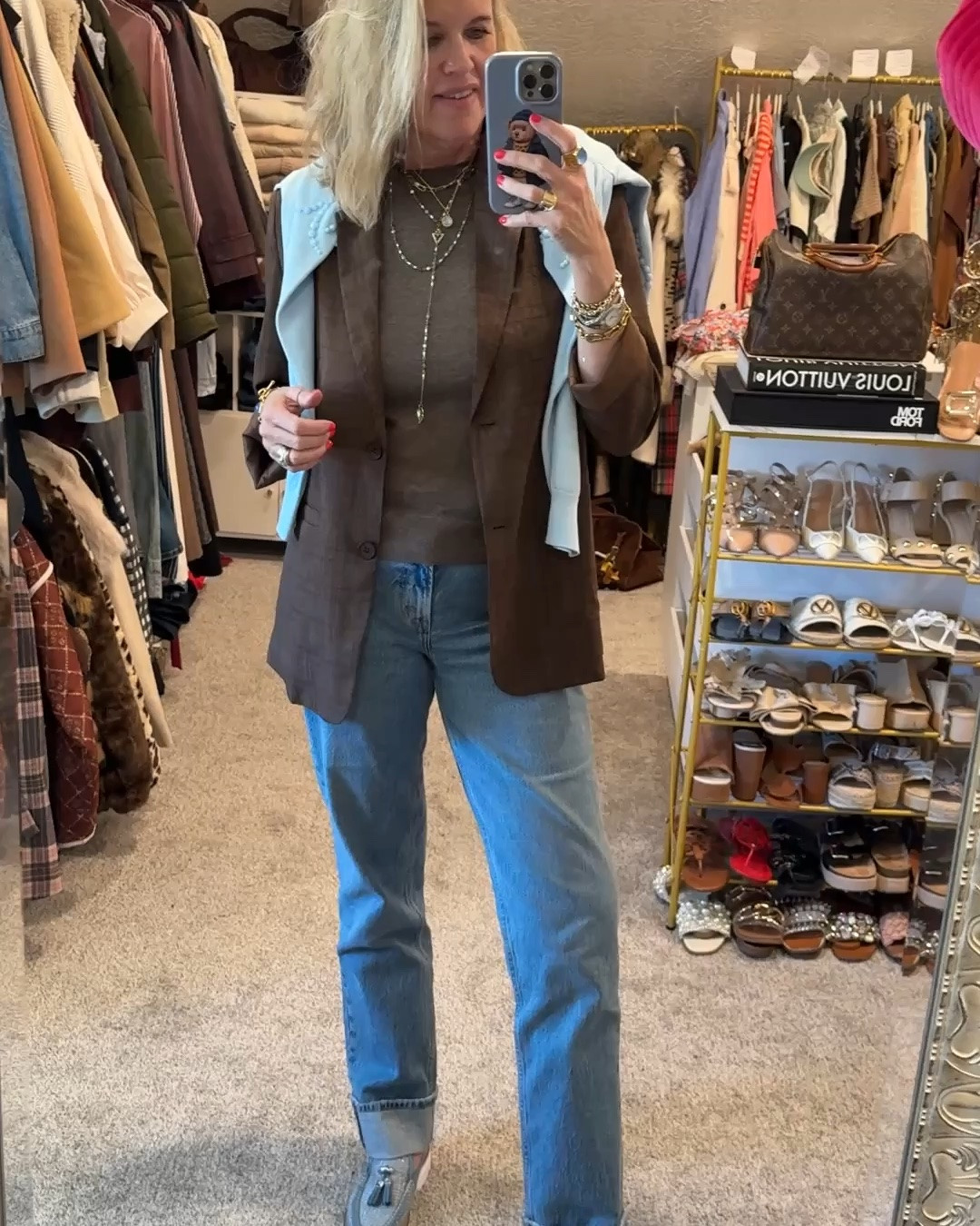 Outfit of the day
Spring weather outfit…

Some great spring weather wardrobe builders I love.
A couple Amazon find and a couple splurges she’ll.

Light weight brown blazer
Perfect Spring & summer weight  Amazon find 
Different color options and fits tts

Wool top cap sleeve tee- super soft and a great weight 
Amazon find- comes in several colors fits tts 

Abercrombie Finch- straight leg jeans  fit tts I am wearing 27 

Light blue cardigan sweater with beaded detail (old by Chicos) old linked similar 

Donald plainer light blue and silver tassel slip on loafer mules- do gomfy and fit tts 

Julie is Julie Vos 
Blue stone bracelet , ring necklace and earrings

#LTKMothersDay #LTKootd #LTKgrwm