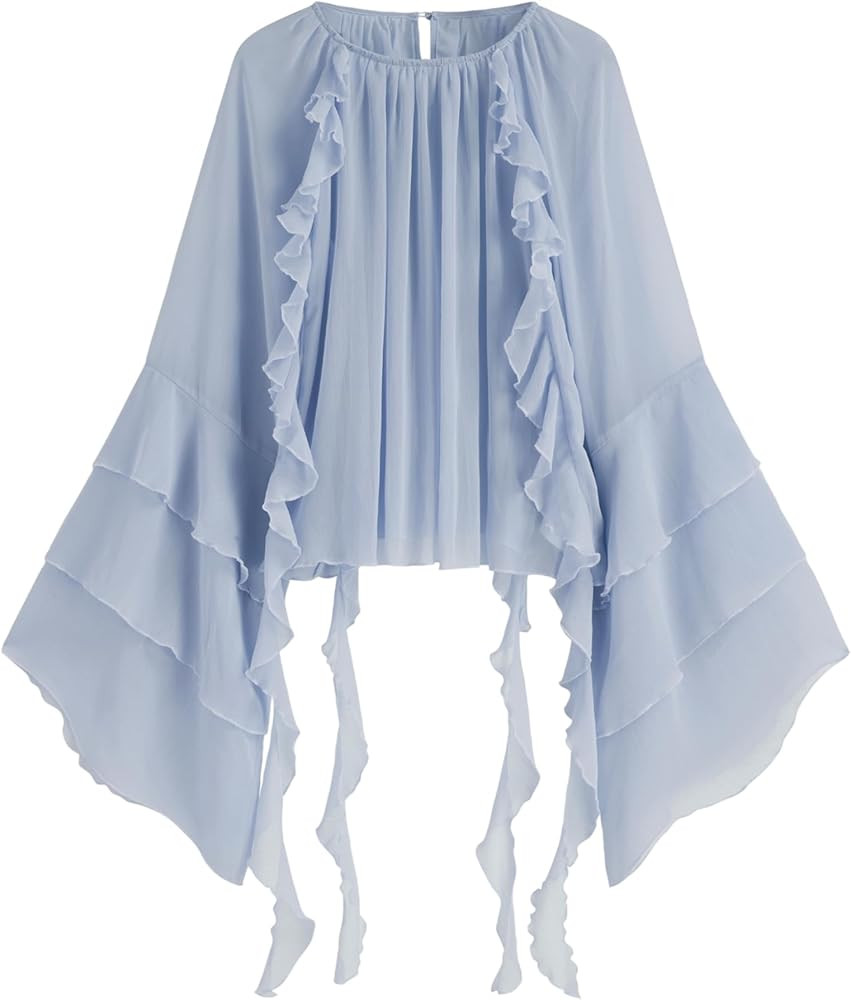 CIDER Womens Blouse Dressy Casual Crew Neck See Through Ruffle Hem Bell Sleeve Loose Fit Chiffon ... | Amazon (US)