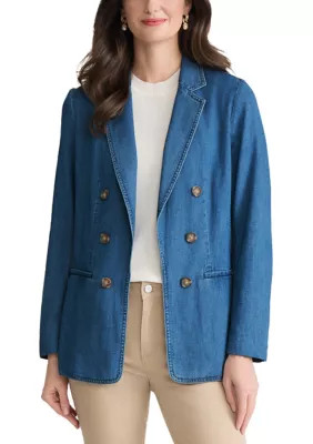 Petite Faux Double Breasted Denim Blazer | Belk