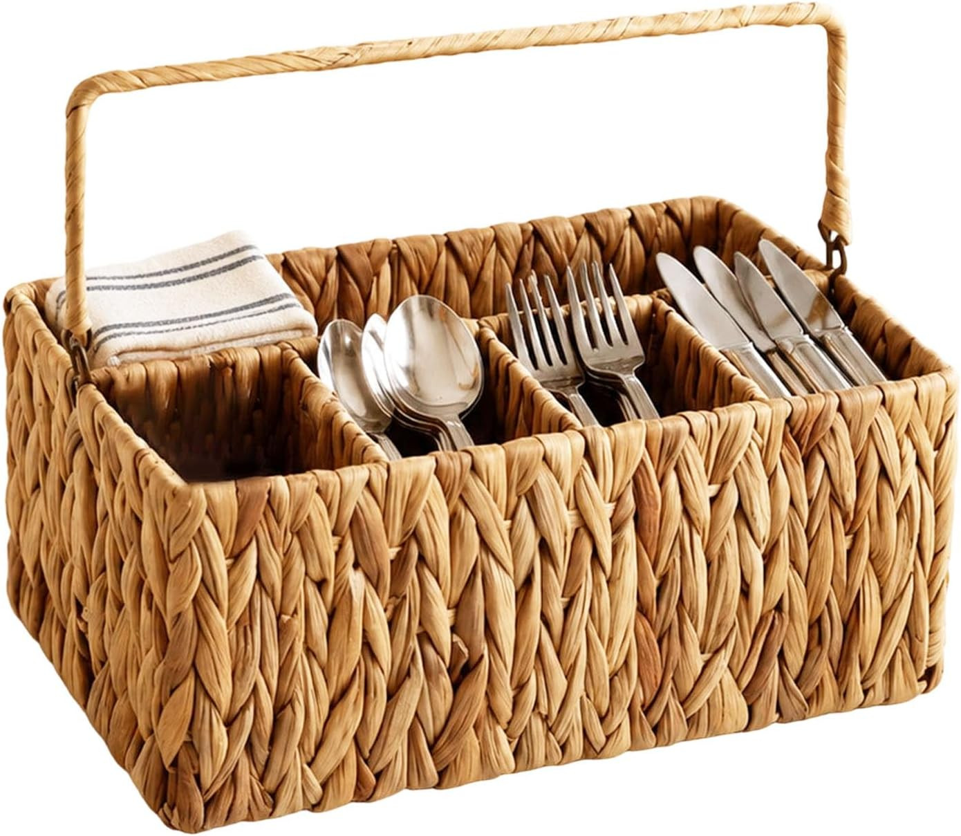 Wicker Utensil Caddy, Water Hyacinth Silverware Organizer with Handle, Hand Woven Divided Cutlery Holder, Kitchen Utensil Organizer for Gatherings Countertop Outdoor Barbecue Picnics | Amazon (US)