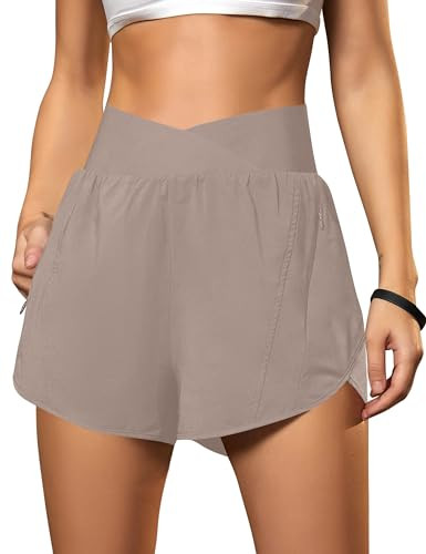 Blooming Jelly Women's Workout Shorts Athletic Running Elastic High Waisted Black Gym Yoga Shorts with Zipper Pockets (Khaki,Medium) | Amazon (US)