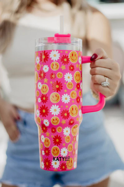 Red Flower Happy Face Tumbler Cup w/ Handle | Katydid