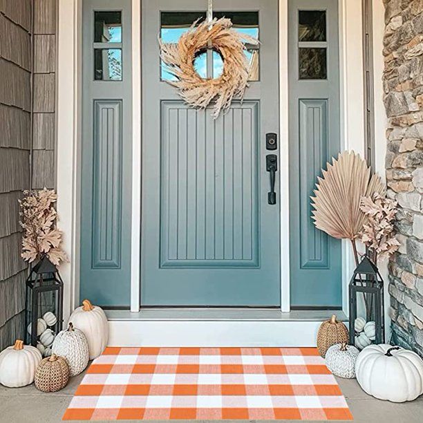 Cotton Orange and White Plaid Rug, 27.5" x 43" Fall Outdoor Front Door Decorative Mat, Hand-Woven... | Walmart (US)