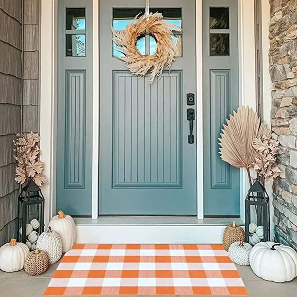 Cotton Orange and White Plaid Rug, 27.5" x 43" Fall Outdoor Front Door Decorative Mat, Hand-Woven... | Walmart (US)
