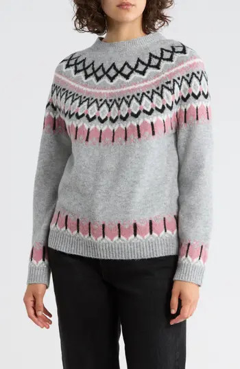 DKNY Jeans Fair Isle Crewneck Sweater in Pink/Grey Combo at Nordstrom Rack, Size Small | Nordstrom Rack