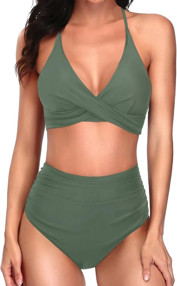 Yonique Women Two Piece High Waisted Bikini Set Halter Swimsuit Twist Front Bathing Suit with Tum... | Amazon (US)