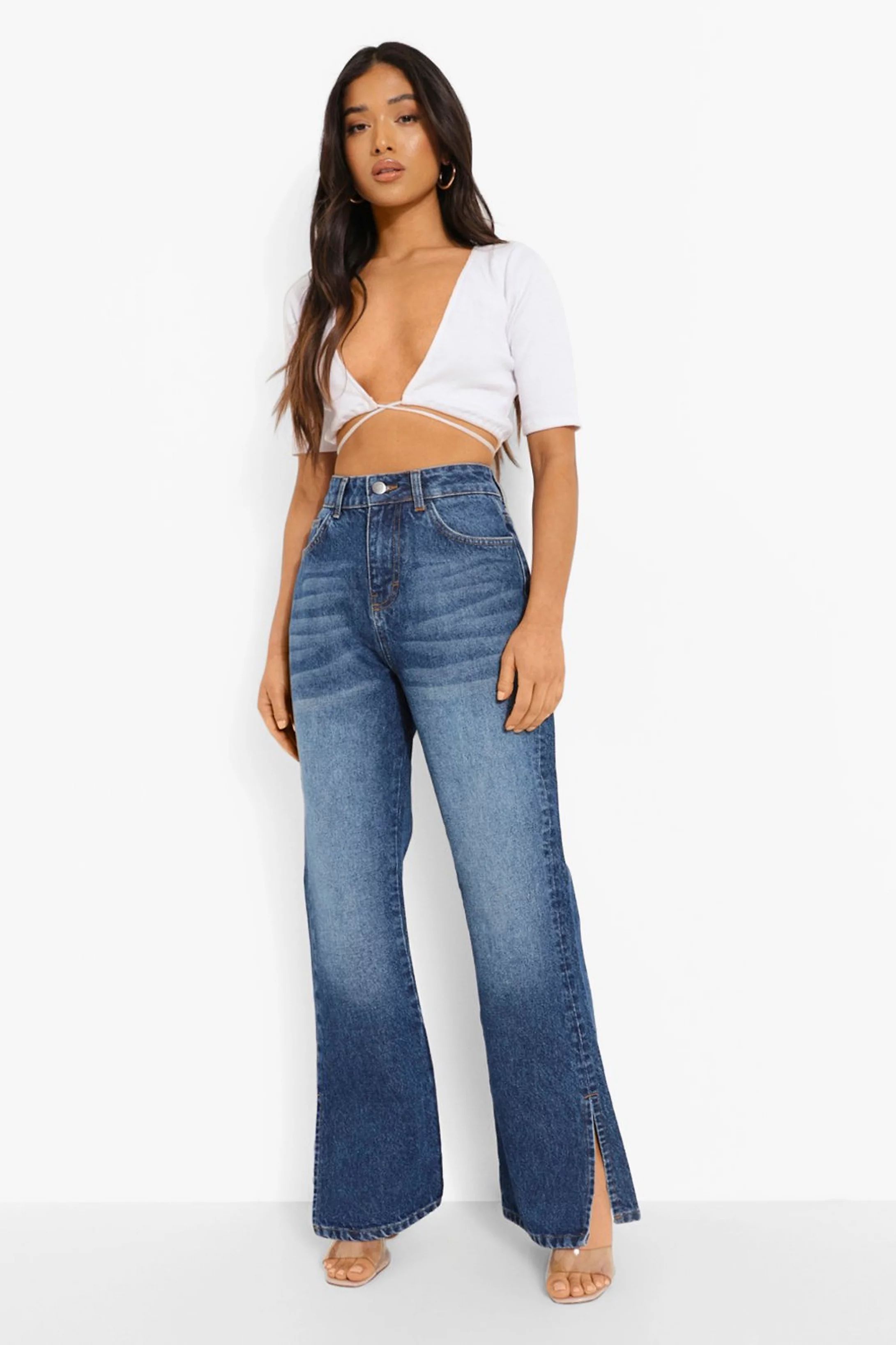 Petite Side Split Flared Jean | Boohoo.com (US & CA)