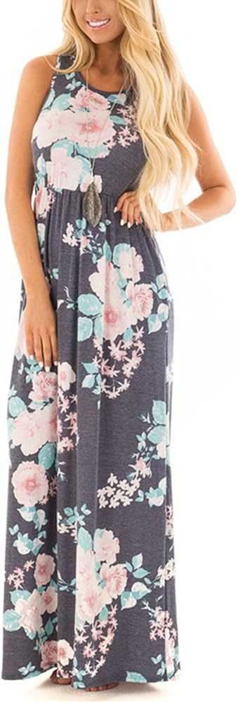 Women's Sleeveless Floral Racerback Loose Swing Casual Tunic Beach Long Maxi Dresses with Pockets | Amazon (US)