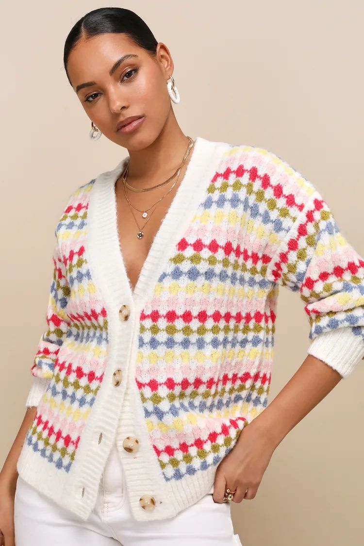 Cuddly Instinct Ivory Multi Striped Long Sleeve Cardigan Sweater | Lulus