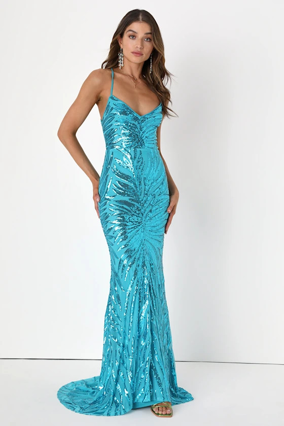Sparkle 'til Dawn Teal Blue Sequin Lace-Up Mermaid Maxi Dress | Lulus (US)
