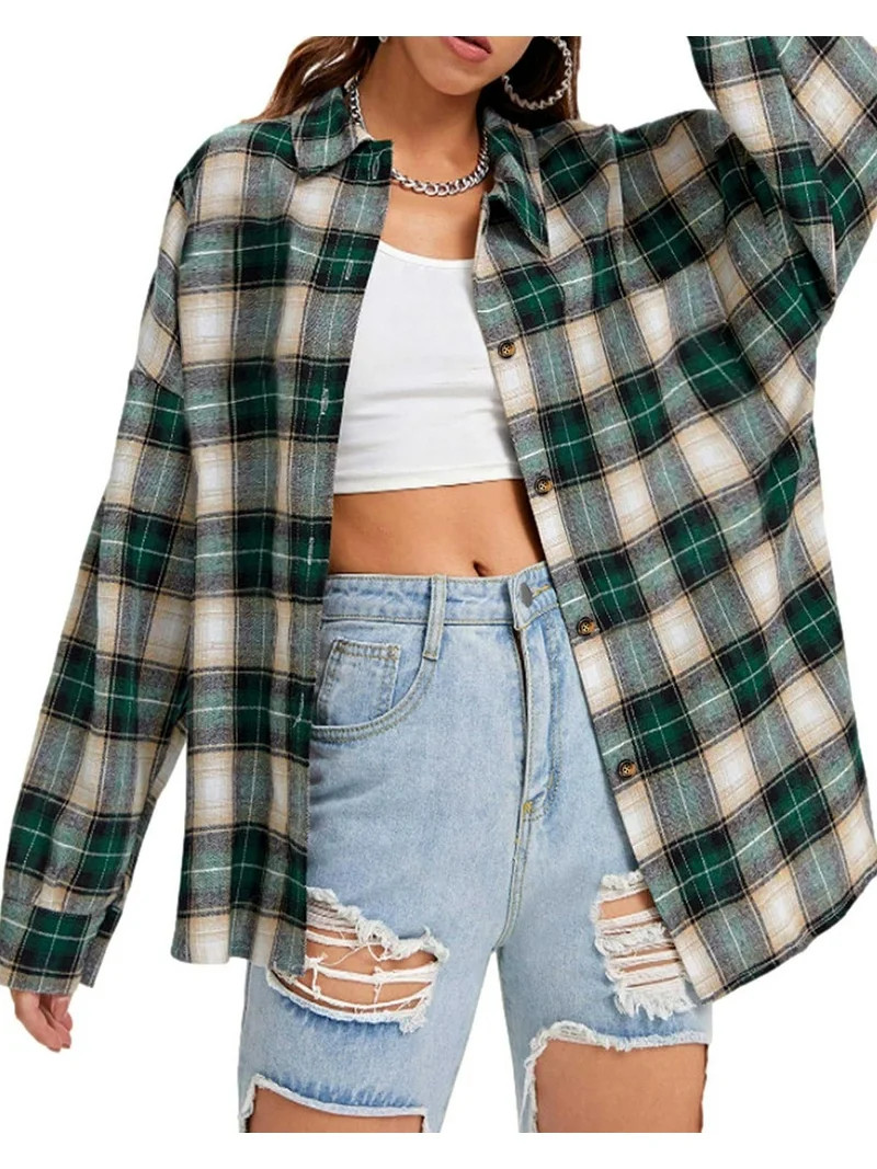 Fantaslook Plaid Flannel Shirts for Women Oversized Long Sleeve Button Down Shirts Blouses Tops | Walmart (US)