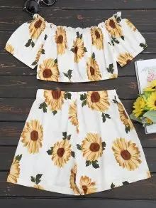 Sunflower Off Shoulder Top and High Waisted Shorts Set | ZAFUL (Global)