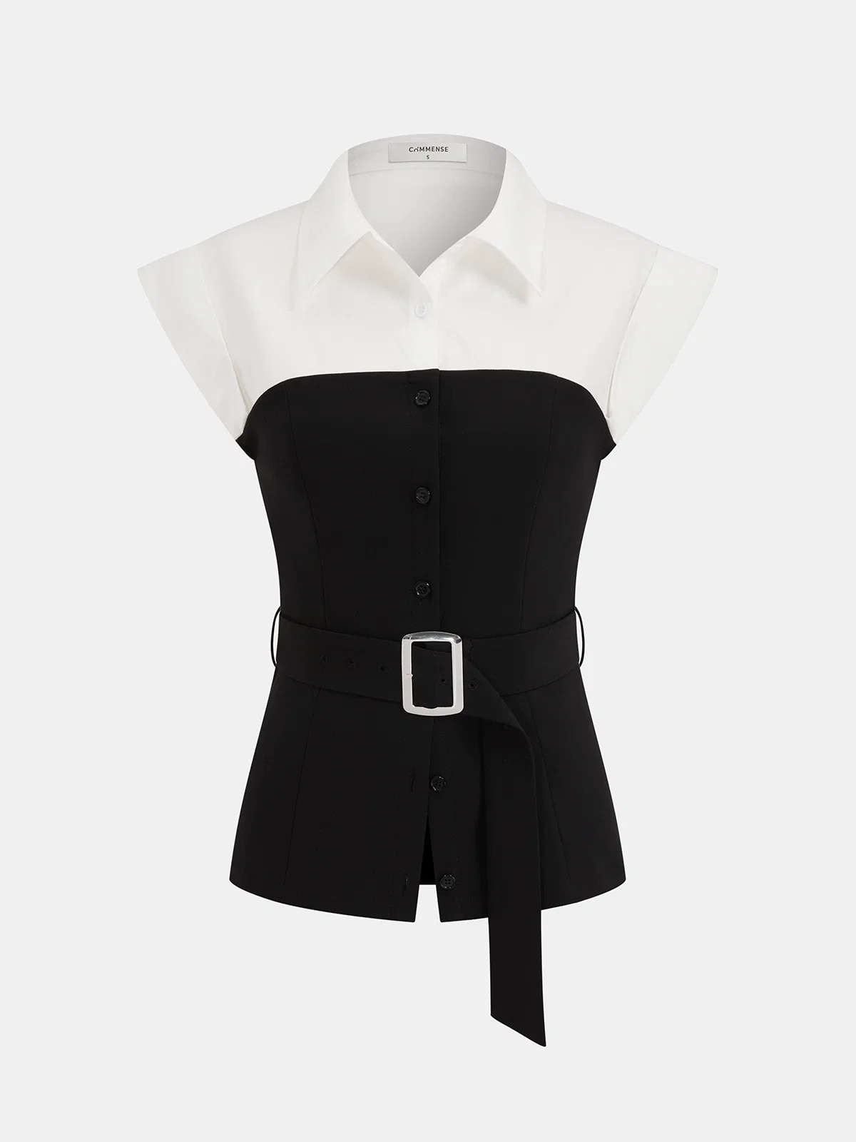 Collared Color Block Sleeveless Belted Blouse | Commense