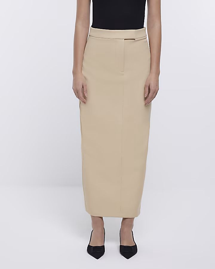 Beige pencil tailored maxi skirt | River Island (US)