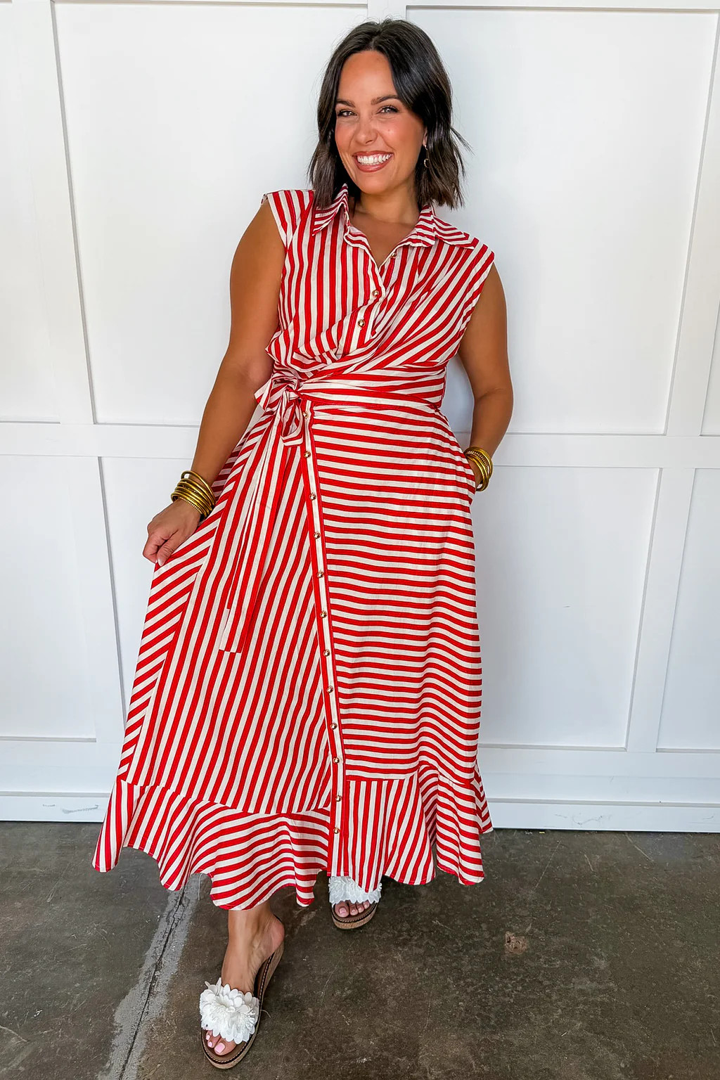 Story To Tell Stripe Wrap Asymmetrical Button Down Midi Dress in Red | Jules & James Boutique