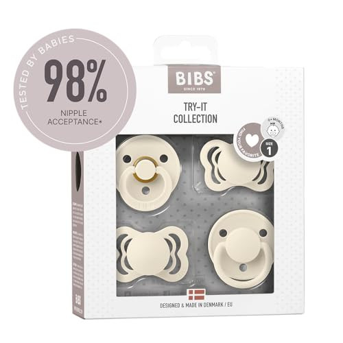 BIBS Try-it Baby Pacifier 4-Pack. BPA Free Soother | Made in Denmark, Round, Symmetrical and Anatomical Nipple. Natural Rubber Latex, Size 1 (0-6 Months), Ivory | Amazon (US)